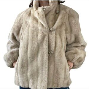 Vintage 1960s Womens Tan Beige Faux Fur Hollywood Regency Cropped Jacket Sz M